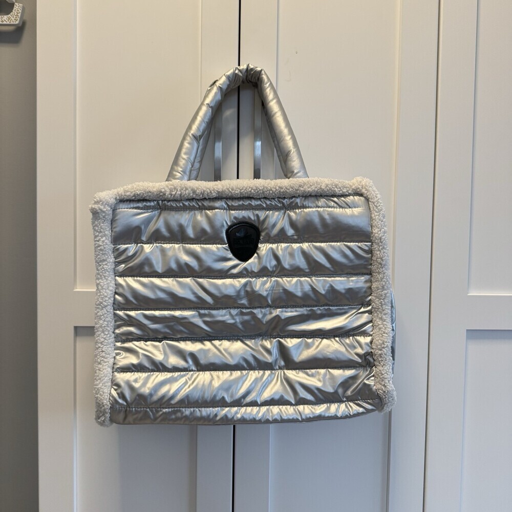 PAJAR Canada Metallic Silver Puffer Tote Bag Faux Shearling Trim Quilted Handbag
